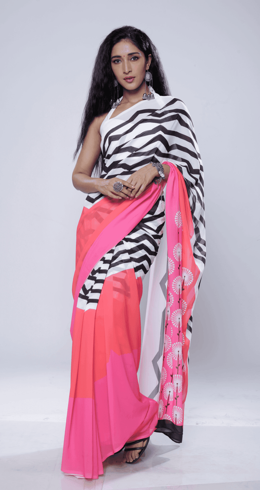 Pink Dandies Georgette Print Saree