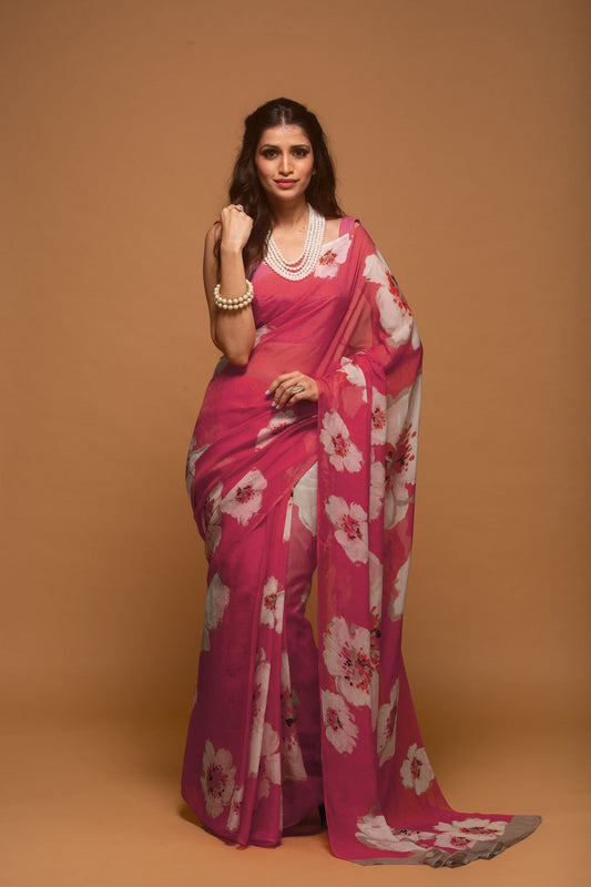 Crimson Floral Satin Print Saree