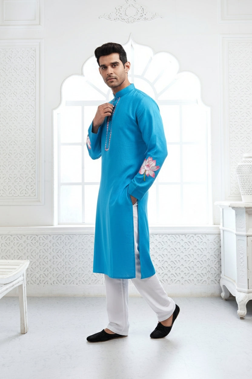 Light Blue Lotus Embroidery Linen Kurta