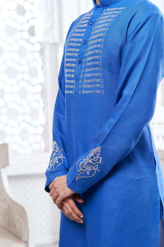 Dark Blue Scripture Embroidery Linen Kurta