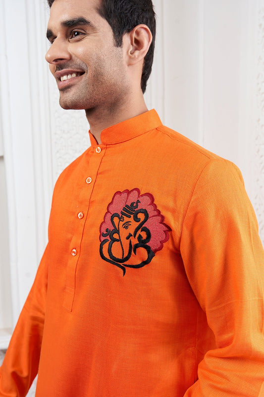 Proud Orange Ganesha Embroidery Linen Kurta
