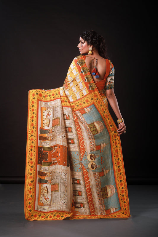 Monumental Orange Artwork Satin Print Saree