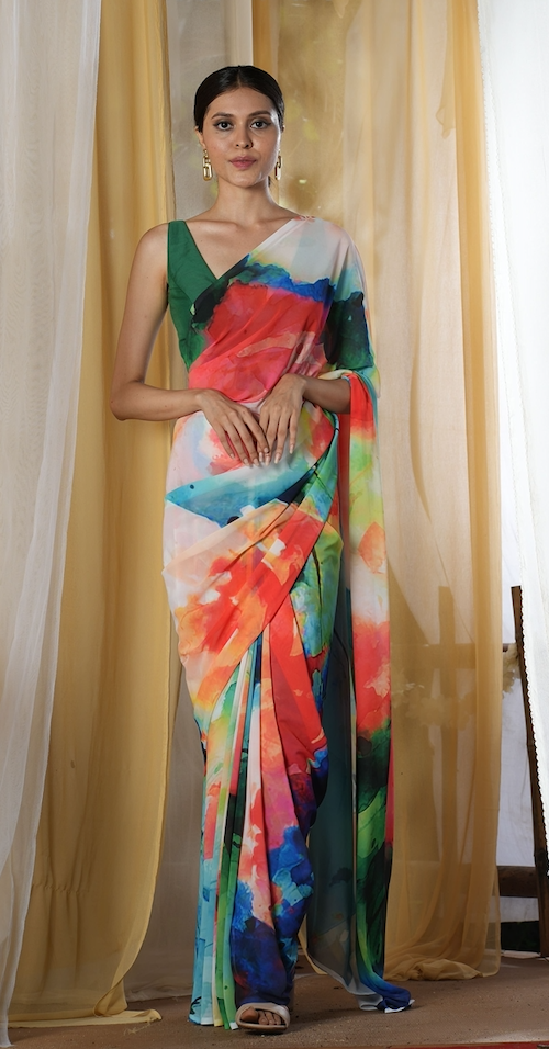 Roses in a Painting Georgette Print Saree