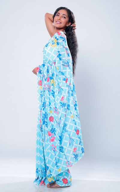Mix of Checks and Florals Georgette Print Saree