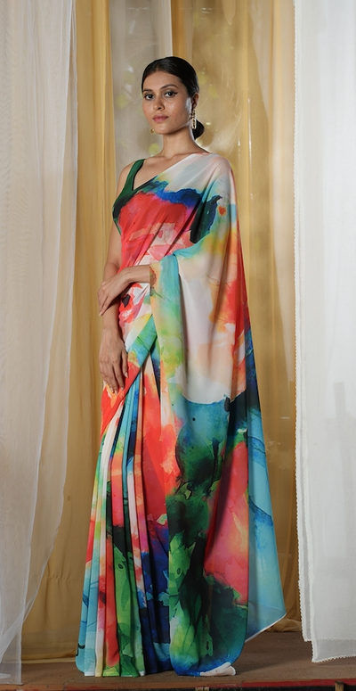 Roses in a Painting Georgette Print Saree