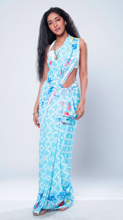 Mix of Checks and Florals Georgette Print Saree