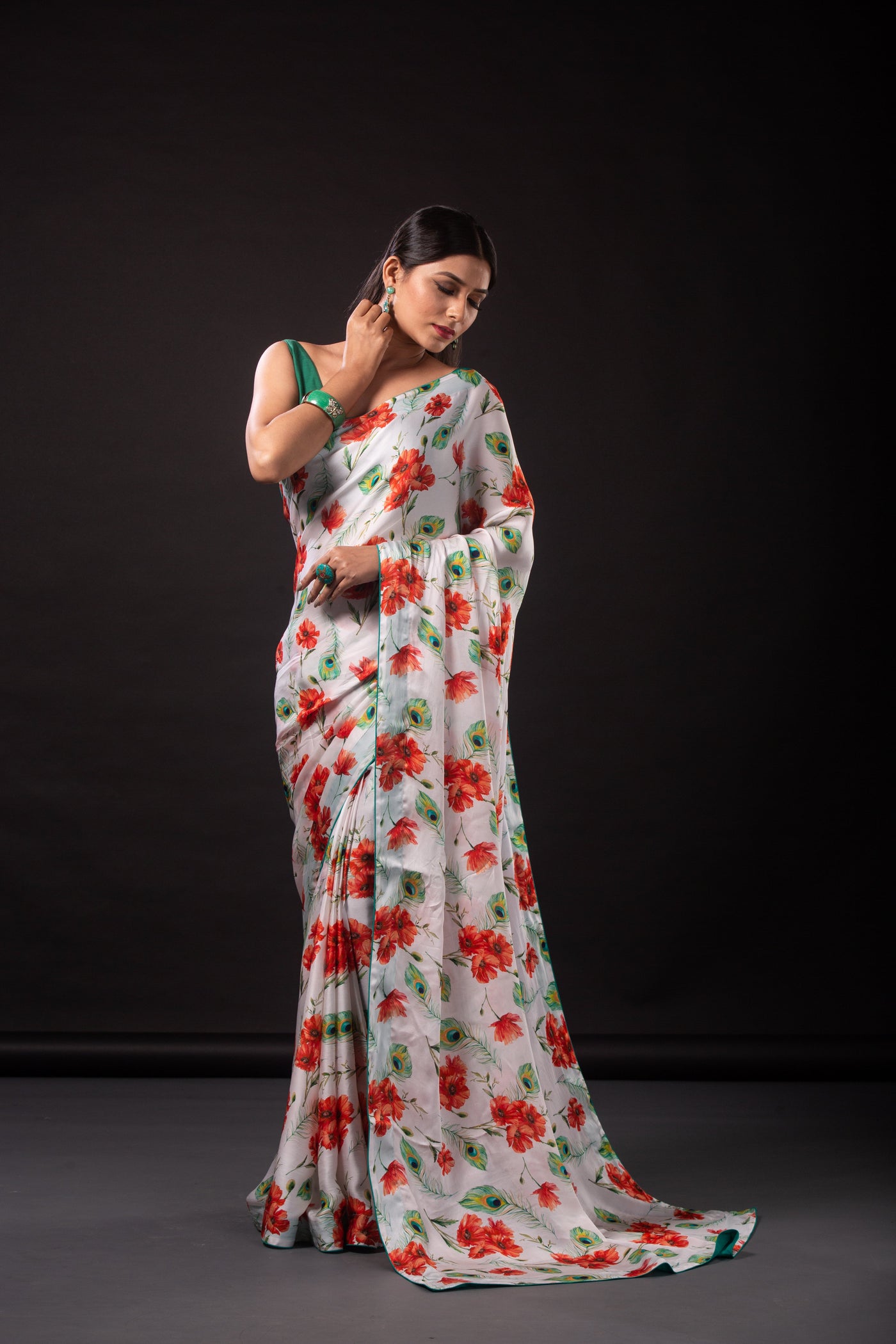 Flora and Feather Satin Print Saree
