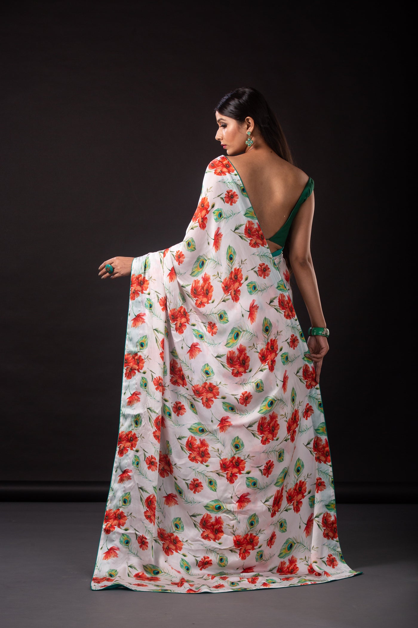 Flora and Feather Satin Print Saree