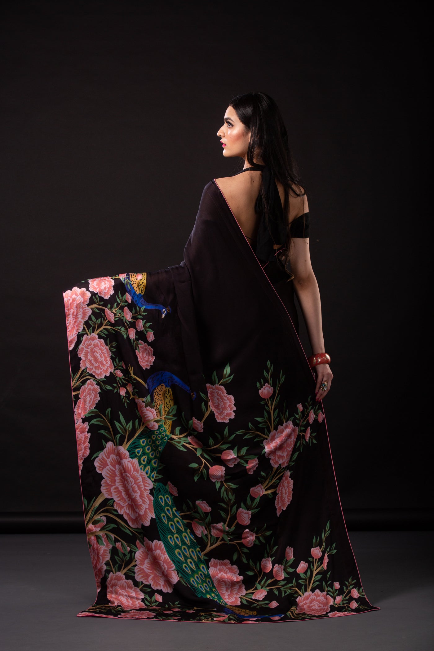 Blooming Black Peacock Satin Print Saree