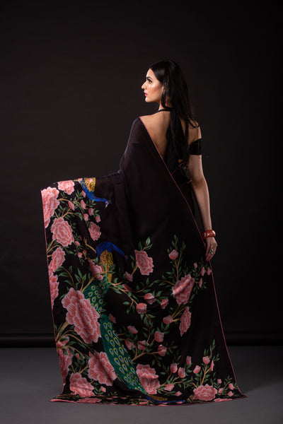 Blooming Black Peacock Satin Print Saree