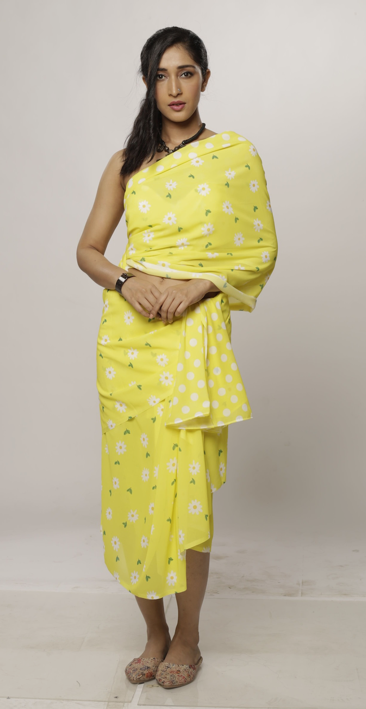 Yellow Mellow Georgette Print Saree