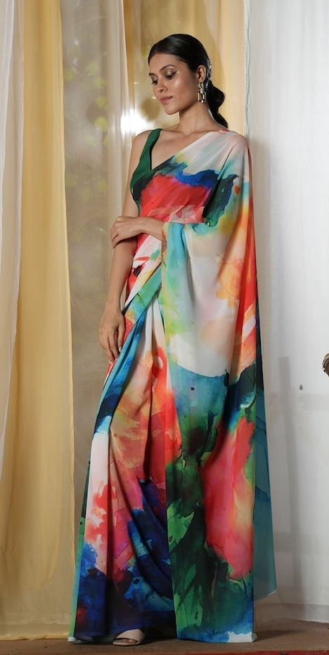 Roses in a Painting Georgette Print Saree