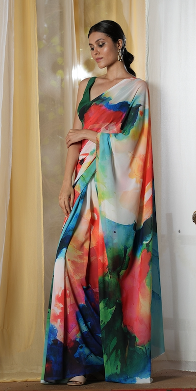Roses in a Painting Georgette Print Saree