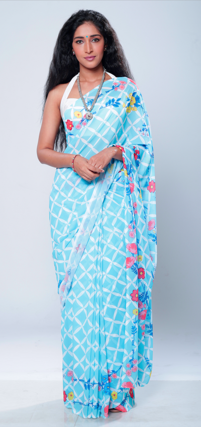 Mix of Checks and Florals Georgette Print Saree