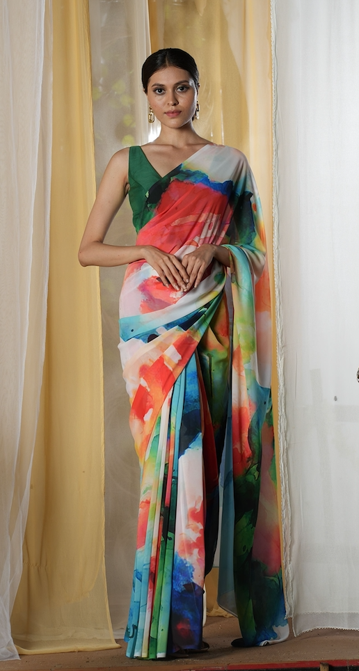 Roses in a Painting Georgette Print Saree
