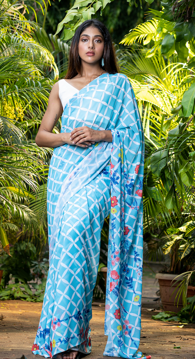 Mix of Checks and Florals Georgette Print Saree