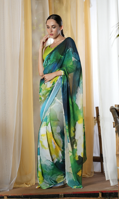 Aqua Florals Georgette Print Saree