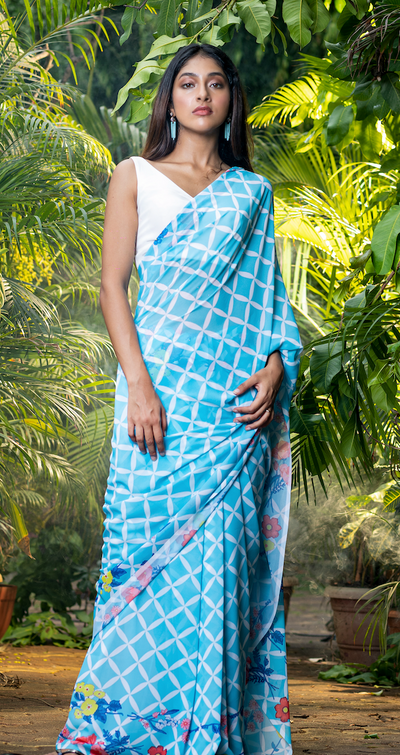Mix of Checks and Florals Georgette Print Saree