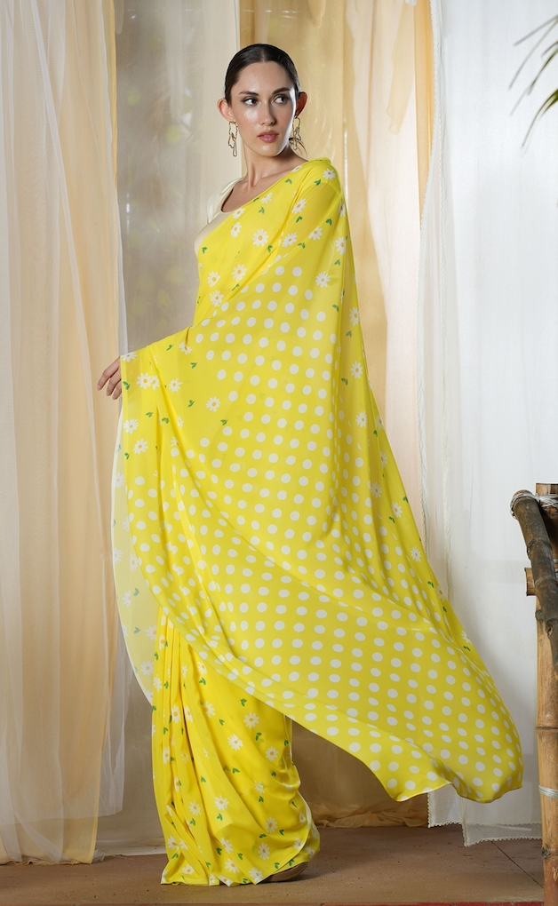 Yellow Mellow Georgette Print Saree