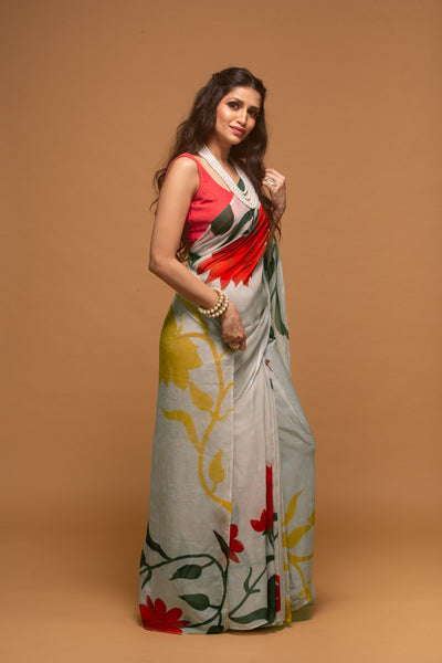 Radiating Floral Satin Print Saree