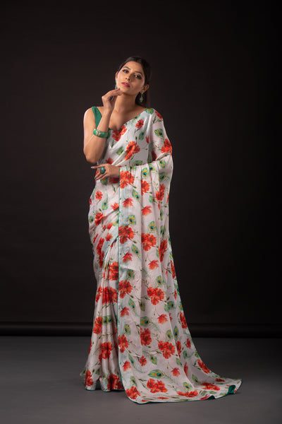 Flora and Feather Satin Print Saree