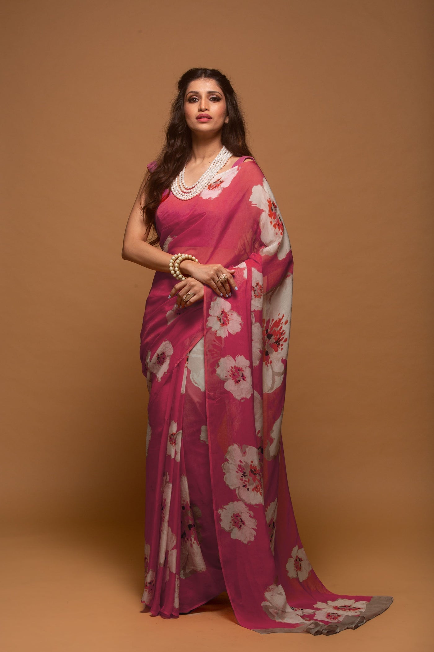 Crimson Floral Satin Print Saree