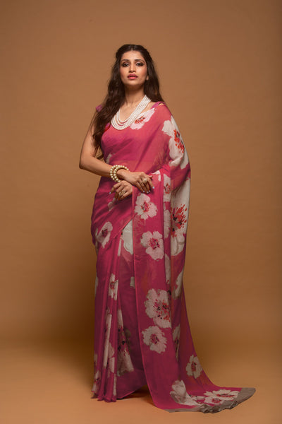 Crimson Floral Satin Print Saree