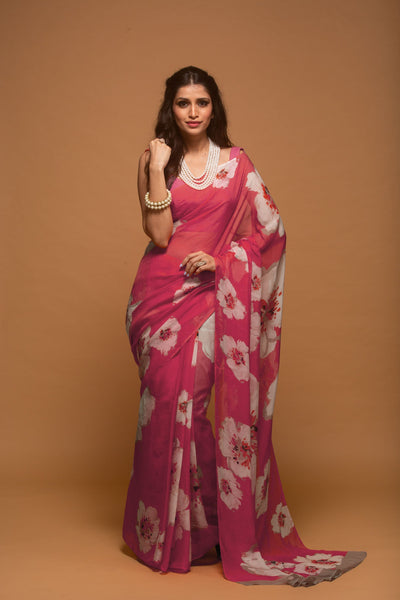 Crimson Floral Satin Print Saree