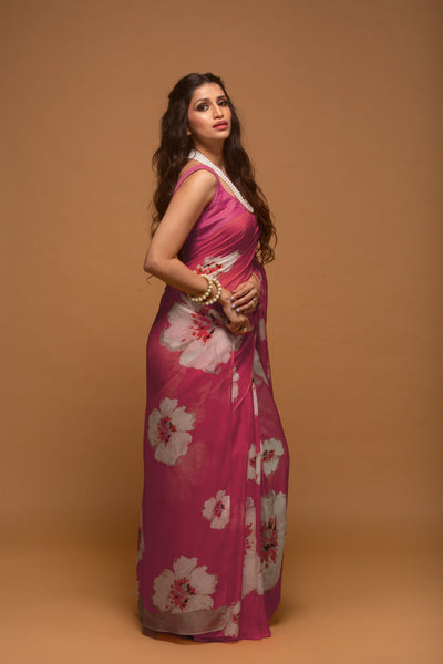 Crimson Floral Satin Print Saree