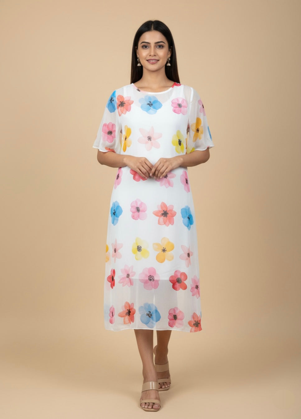 Woman wearing a white dress with colorful floral pattern on a beige background