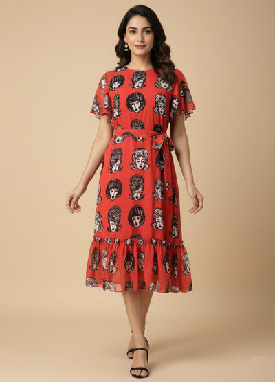 Retro Face Georgette Print Dress