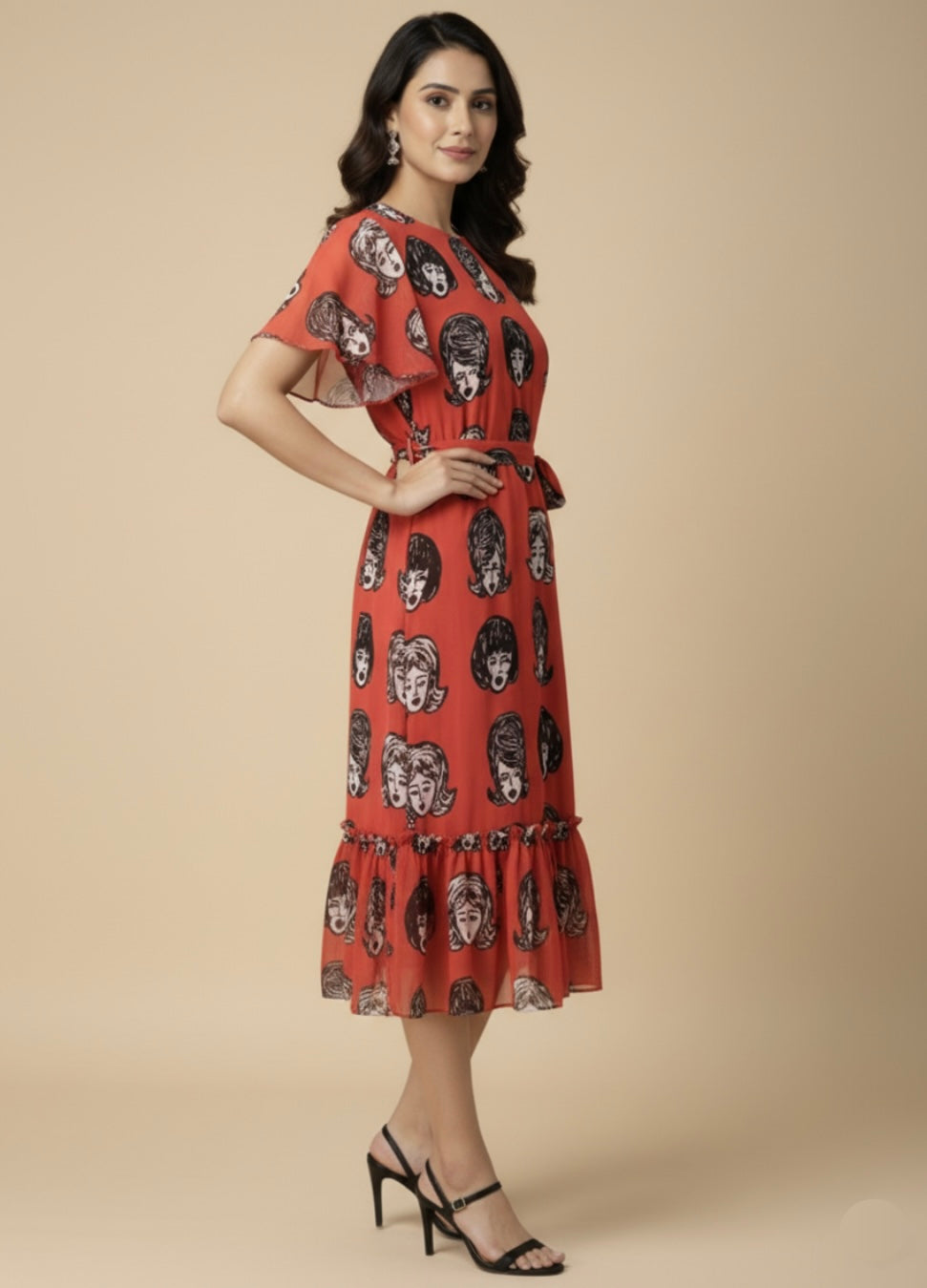 Retro Face Georgette Print Dress