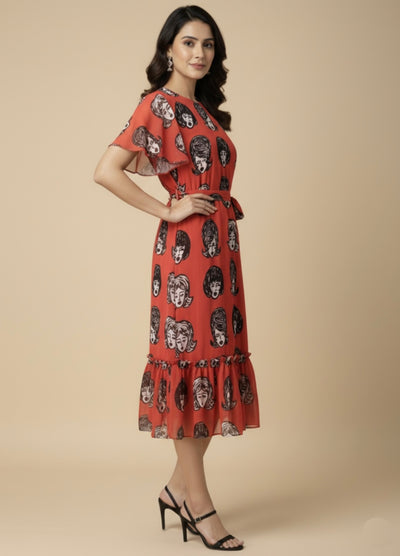 Retro Face Georgette Print Dress