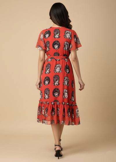 Retro Face Georgette Print Dress