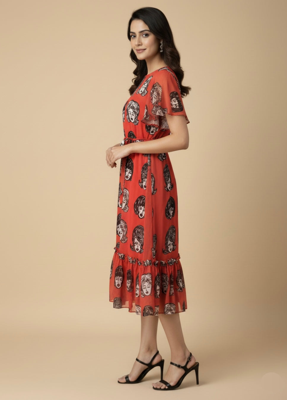 Retro Face Georgette Print Dress
