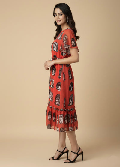 Retro Face Georgette Print Dress