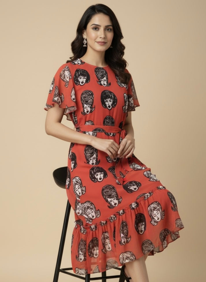 Retro Face Georgette Print Dress