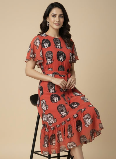 Retro Face Georgette Print Dress