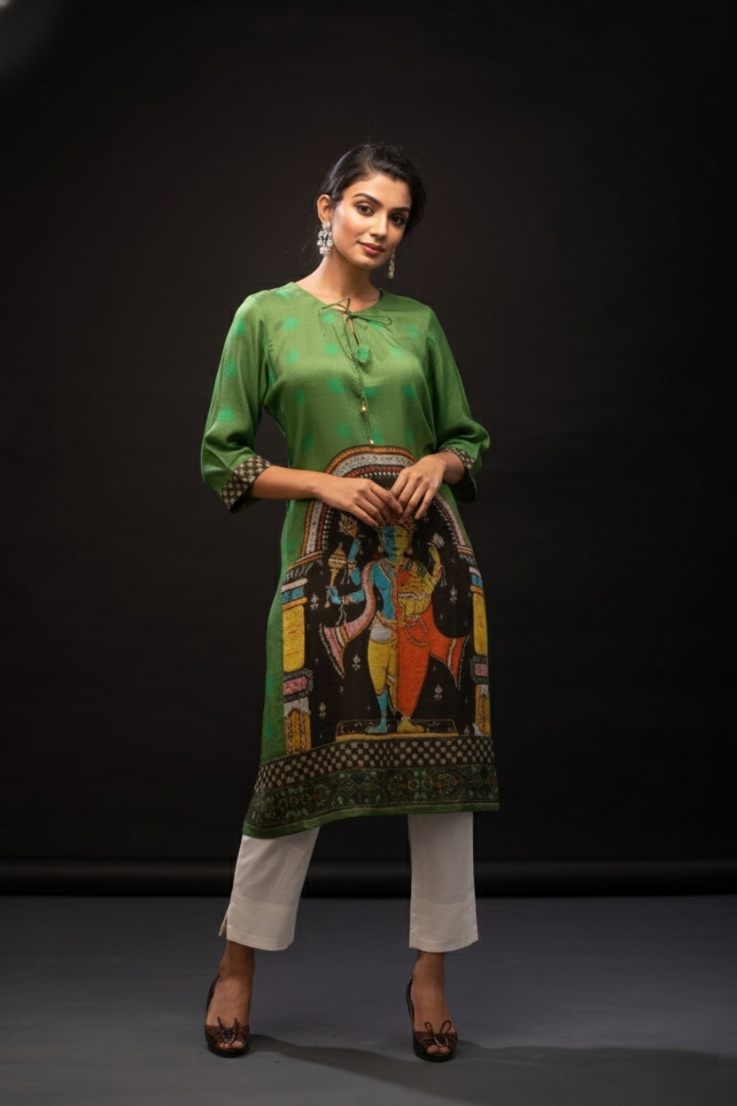 Green & Black Ardhnareshwara Spun Print Tunic