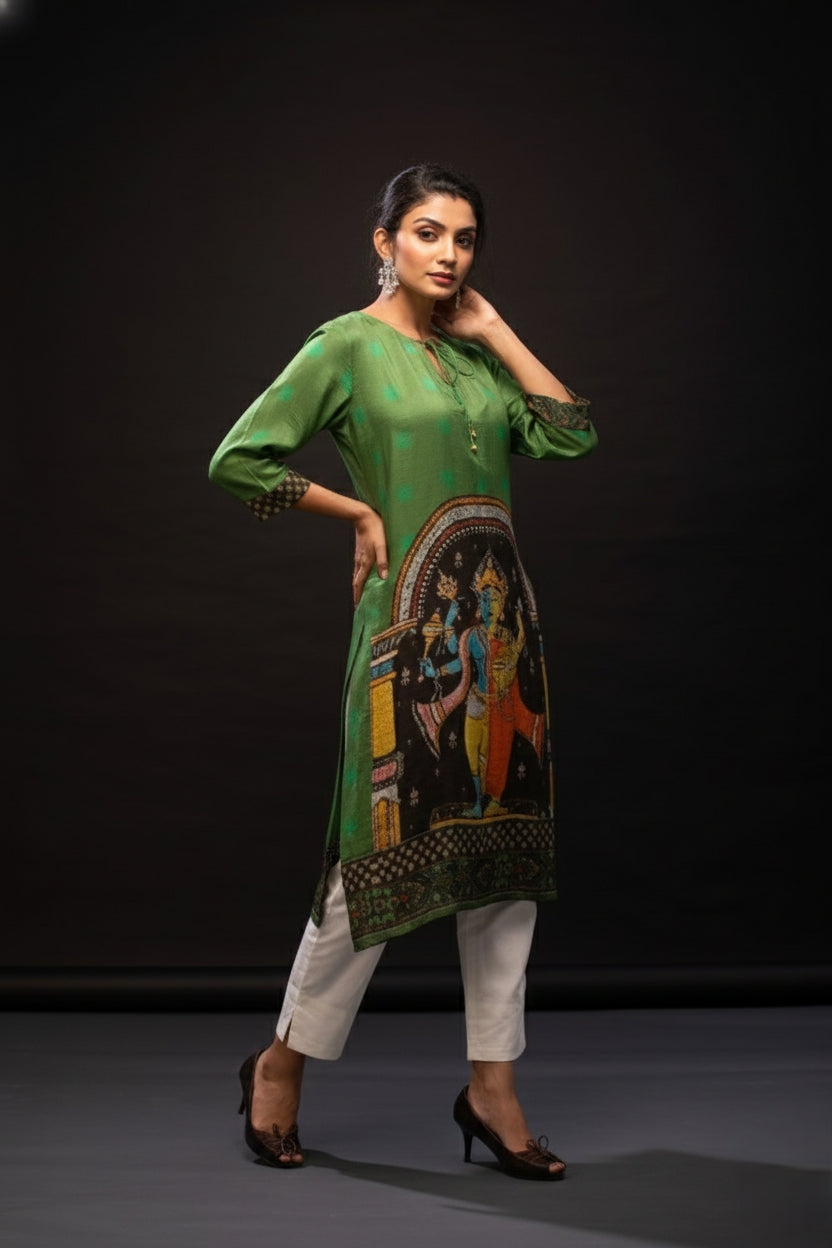 Green & Black Ardhnareshwara Spun Print Tunic