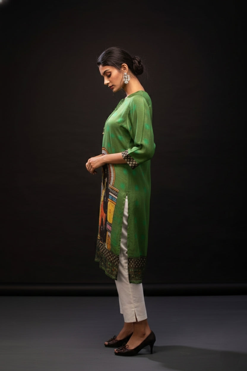 Green & Black Ardhnareshwara Spun Print Tunic
