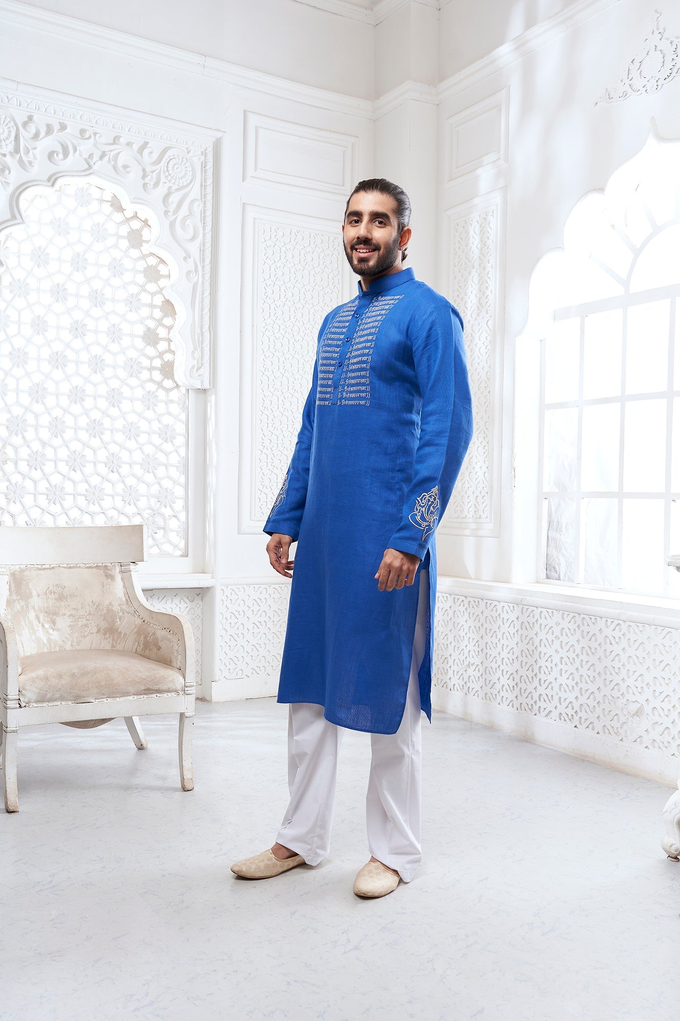 Dark Blue Scripture Embroidery Linen Kurta