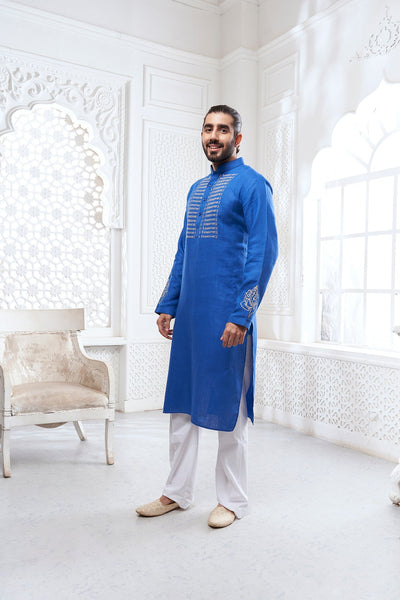 Dark Blue Scripture Embroidery Linen Kurta