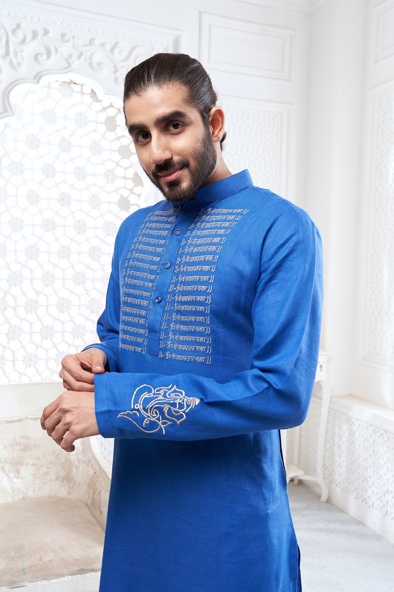 Dark Blue Scripture Embroidery Linen Kurta