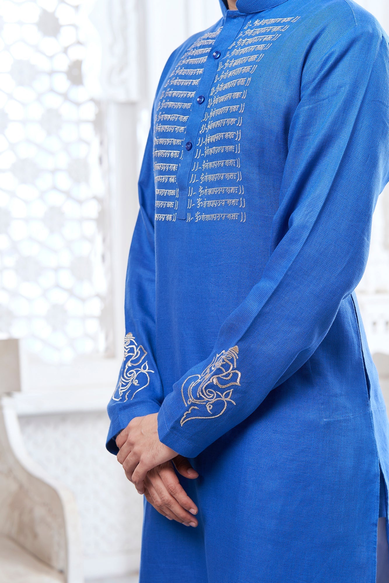 Dark Blue Scripture Embroidery Linen Kurta