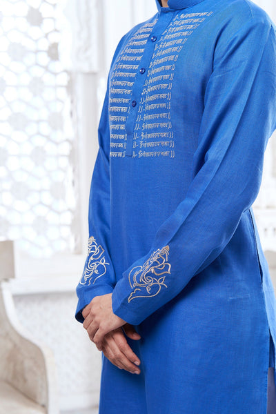 Dark Blue Scripture Embroidery Linen Kurta