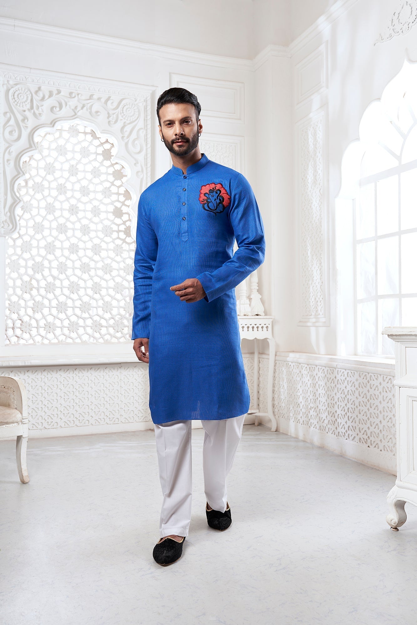 Proud Dark Blue Ganesha Embroidery Linen Kurta