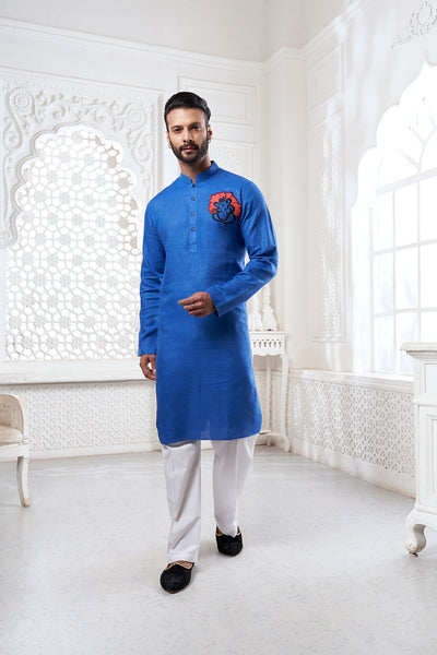 Proud Dark Blue Ganesha Embroidery Linen Kurta
