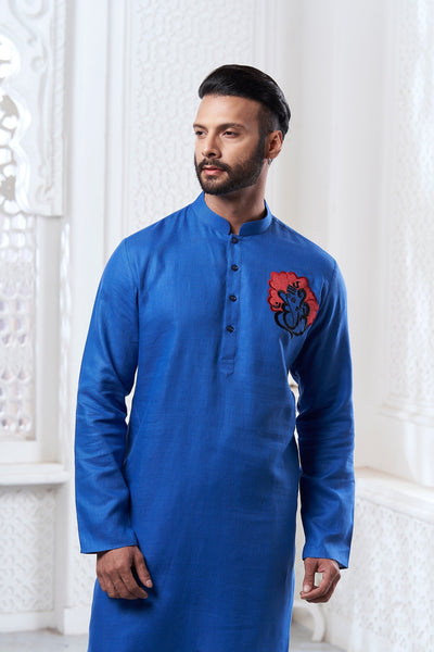 Proud Dark Blue Ganesha Embroidery Linen Kurta