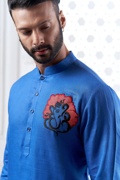 Proud Dark Blue Ganesha Embroidery Linen Kurta